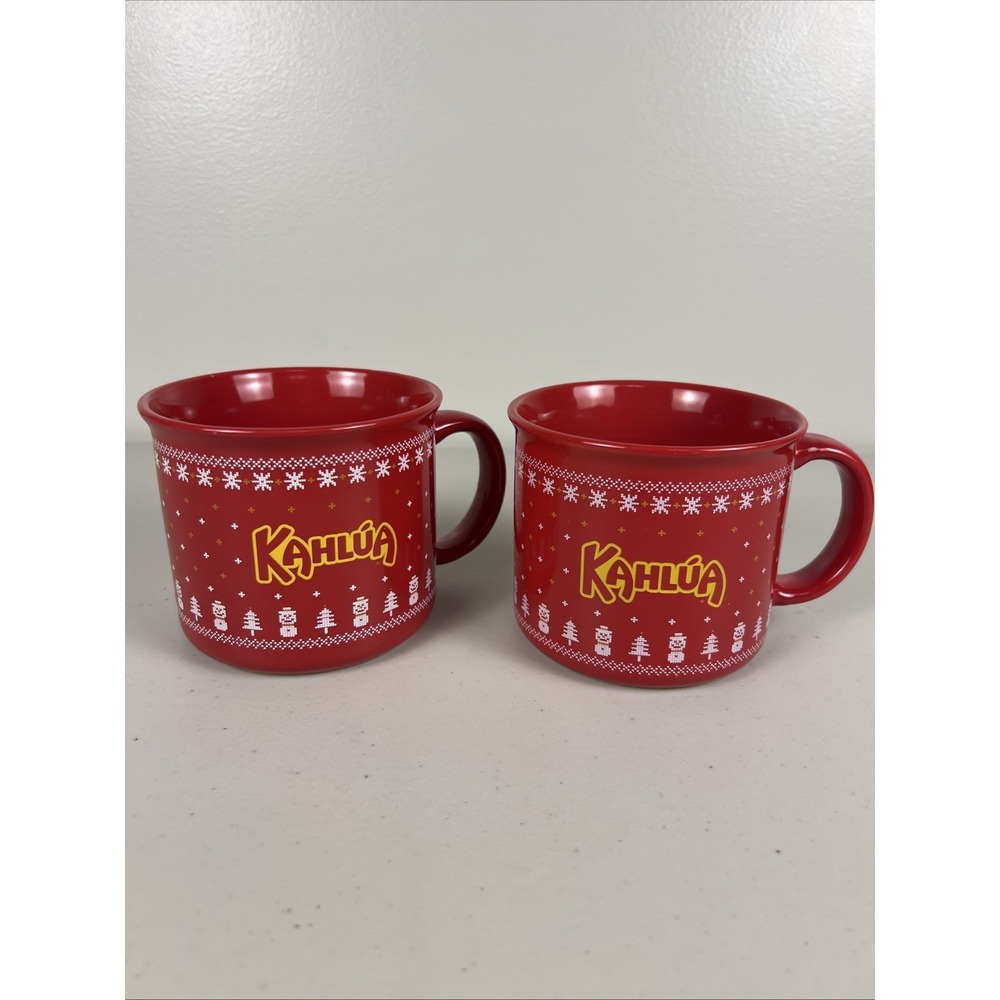 KAHLUA ceramic Mug Christmas Holiday Red Xmas Set of 2Trees Snowflakes 16 Oz